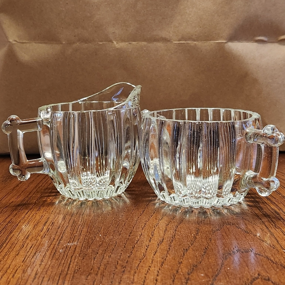 Vintage Jeanette National Clear Ribbed Glass Hobnail Creamer & Sugar